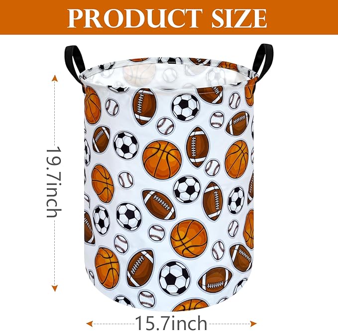 Round Colorful Basketballs Pattern Laundry Hamper Storage Basket Fabric Material Storage Hamper Organization Basket, Storage Bin, Gift Box with Handles for Room