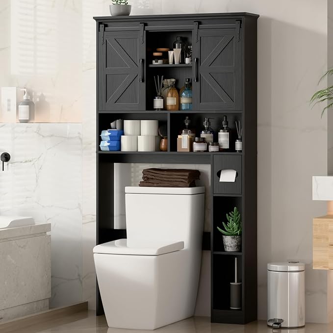Halitaa Over The Toilet Storage Cabinet,Farmhouse Space-Saving Toilet Rack with 2 Sliding Barn Doors,Bathroom Organizer with Toilet Paper Holder Stand & Storage Shelves,for Laundry, Bathroom,Restroom