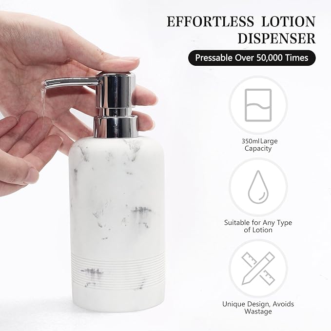 YMXYJM Resin Soap Dispenser Sets, 2 Pcs Heavy Lotion Dispensers,10.8oz Refillable Liquid Soap Dispensers with Rust-Proof Pump for Bathroom Countertop or Kitchen, Artificial Marble White