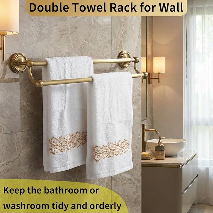 Double Towel Bar, Antique Brass Bathroom Towel Racks Wall Mounted, Adjustable Vintage Gold Towel Bar 13.4-24.8 Inch Usable Bar Length, Heavy Duty Rustproof Brass Towel Rod Holder for Bath