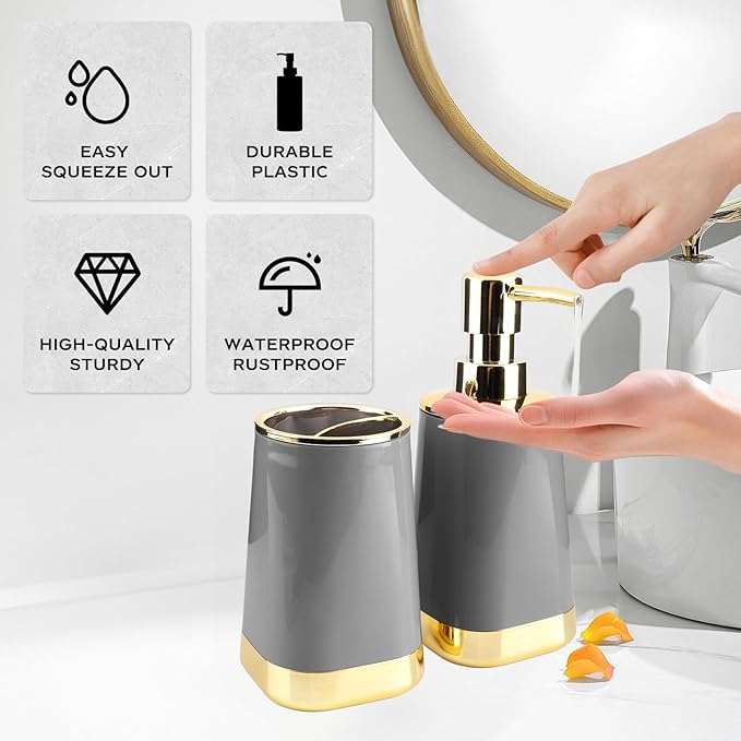 Bathroom Accessories Set, 2Piece Grey and Gold Bathroom Accessories Include Soap Dispenser and Toothbrush Holder for Modern Bathroom Decor
