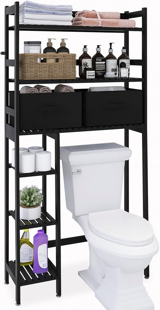 SMIBUY Over-The-Toilet Storage Rack, 6-Tier Bamboo Large Bathroom Organizer with Side Shelves and 2 Drawers, Stable Freestanding Space Saver for Bathroom, Laundry Room(Black)