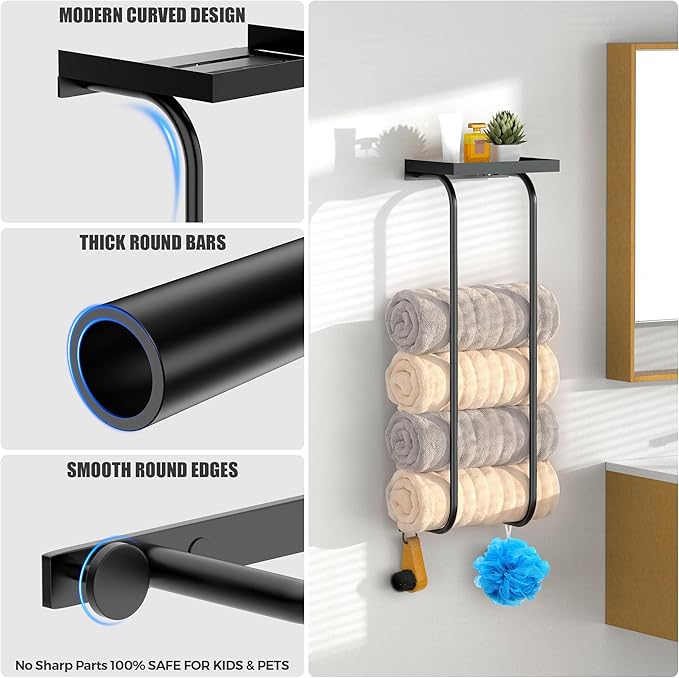 31" Towel Racks for Bathroom, Heavy-Duty Stainless Steel Holds 6 Large Rolled Towels,Wall Mounted Towel Holder with Shelf & Hooks,Extra-Wide Opening Wall Storage for Small Bathroom, Matte Black