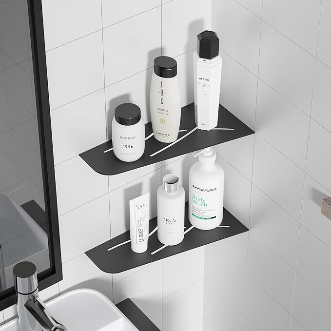 Qeke Shower Corner Shelf 304 Stainless Steel 12" Corner Shelf Bathroom Shampoo Holder for Shower Floating Corner Shelf for Wall, No Drilling, Matte Black, 2 Pack