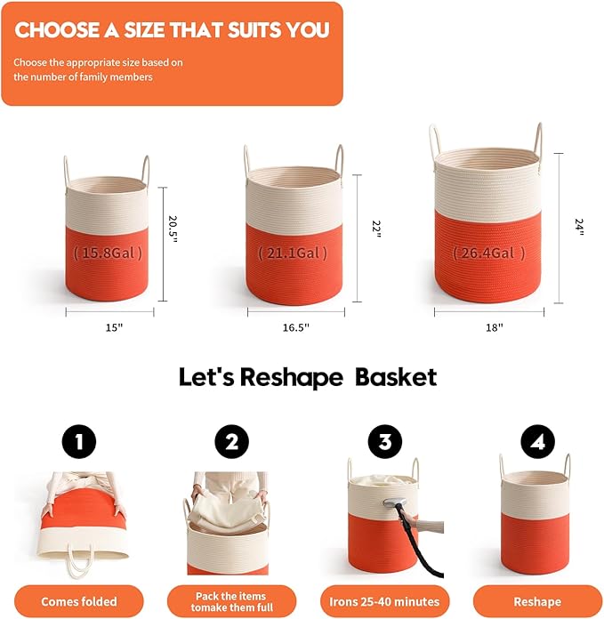 Woven Laundry Hamper Tall Rope Storage Basket for Blanket oys Dirty Clothes in Living Room Bathroom Bedroom (White&Orange, 80L/21.3Gal)