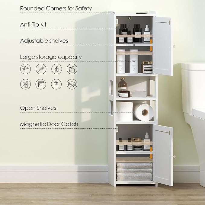 TidyHaven 39" H Small Bathroom Storage Cabinet, Narrow Bathroom Corner Floor Cabinet with Doors, Adjustable Shelf, Open-Side, Slim Toilet Paper Storage Holder for Bathroom, Small Spaces, Living Room