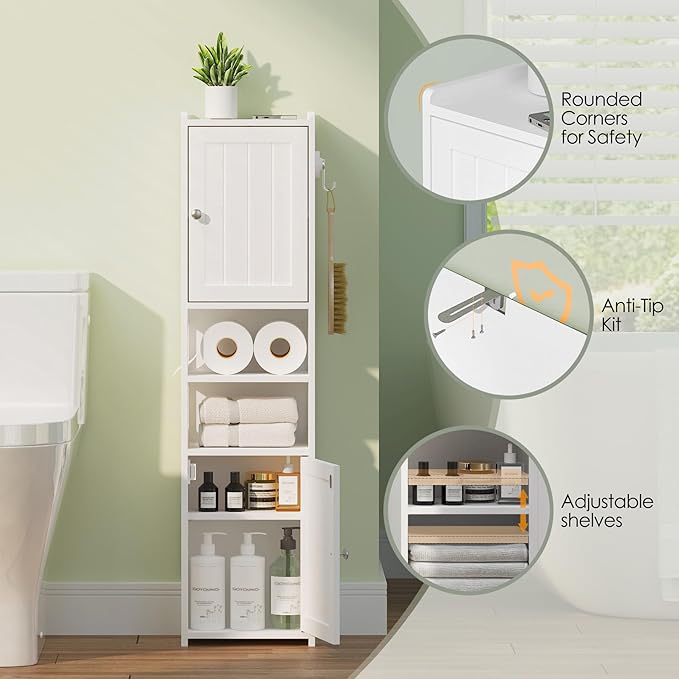 TidyHaven 39" H Small Bathroom Storage Cabinet, Narrow Bathroom Corner Floor Cabinet with Doors, Adjustable Shelf, Open-Side, Slim Toilet Paper Storage Holder for Bathroom, Small Spaces, Living Room