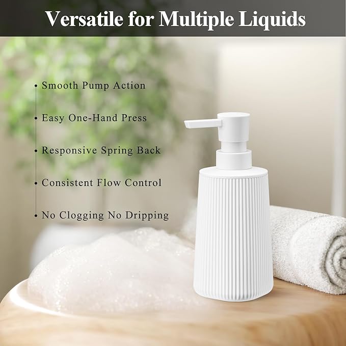 White 2 Pack Hand Soap Dispensers Set with No Rust Pump for Bathroom and Kitchen Countertops Refillable Matte Striped Plastic 8.5 oz