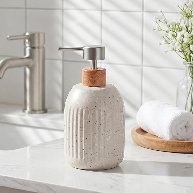 Ceramic Soap Dispenser, 16oz Rustic Dish Hand Soap Dispenser for Bathroom & Kitchen, Speckled Liquid Soap Pump Bottle for Shampoo, Lotion, Conditioner, Modern Farmhouse Bathroom Accessories