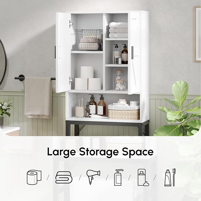 USHOWER Over The Toilet Storage Cabinet, Bathroom Organizers and Storage with Barn Doors, Thicken Metal Stand & MDF Wood Above Toilet Storage Cabinet, Freestanding Space Saver, White