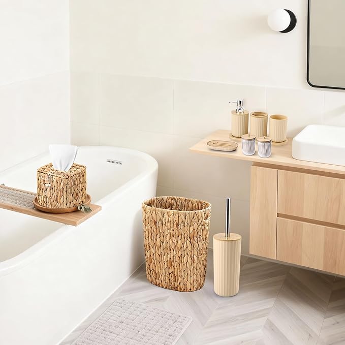 Bathroom Accessory Set, 10 Pieces Bath Set- Wicker Trash Can Tissue Box Soap Dish Toothbrush Holder Rinse Cup Lotion Bottle Toilet Brush Qtip Holder - Practical Bathroom Decor Sets (Beige, Bath Set)