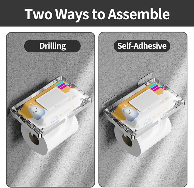 Toilet Paper Holder with Wipes Holder, Self Adhesive Toilet Rolls Holder Without Drilling, Rustproof Stainless Steel