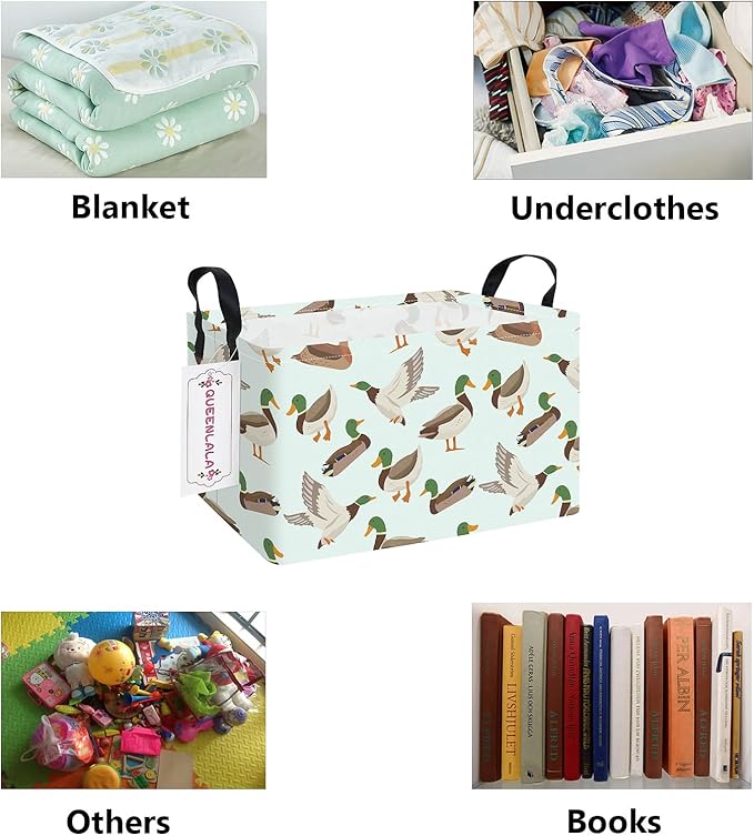 QUEENLALA Rectangular Laundry Hamper/Foldable Nursery Laundry Basket for Organizing/Storage Bin Baskets/Children Toy Office Bedroom/Toy Bin Closet Shelf Baskets (Rec-Mallard Duck)