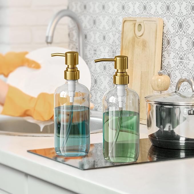 AmazerBath Soap Dispenser, 2 Pack Glass Soap Dispenser with Pump Stainless Steel, 17 Oz Clear Gold Hand Soap Dispensers for Bathroom and Kitchen