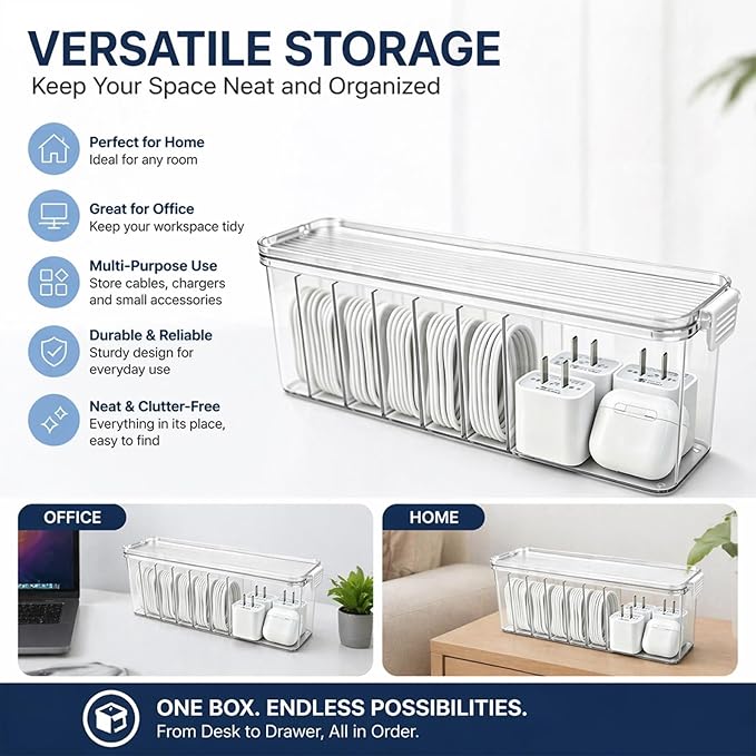TexHome Cable Organizer Boxes Clear Charger Cable Storage Boxes with Lid and Cable Straps, Plastic Electronics Cord Organizer for Office Desk Home Drawer Accessories Storage, Clear