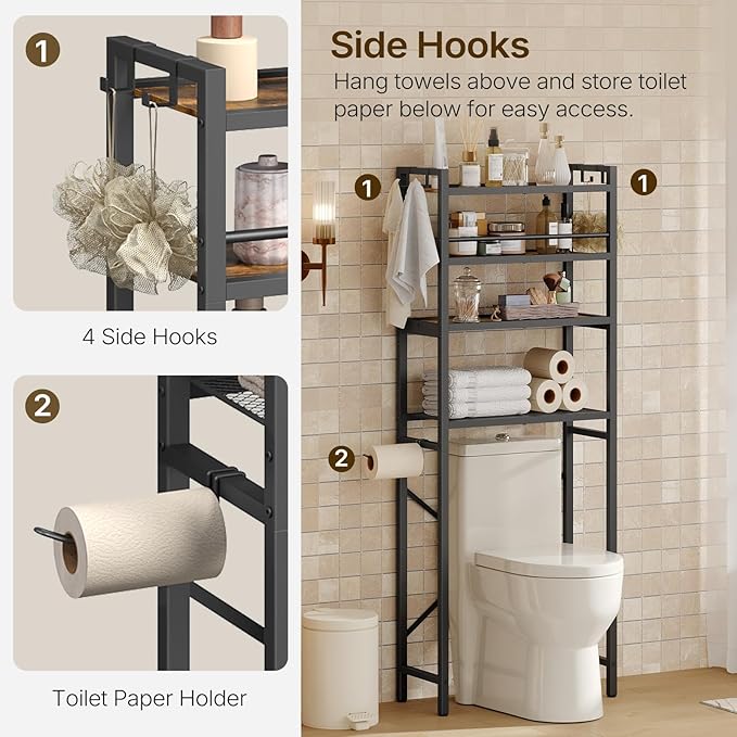 YATINEY Over The Toilet Storage Rack, 4-Tier Freestanding Bathroom Organizer Above Toilet, Toilet Shelf with Detachable Upper Shelves, X-Shaped Back Support, Rustic Brown and Black TR05BR