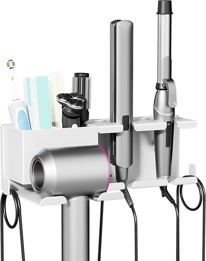 BOIVSHI Hair Dryer Holder, Hair Tool Organizer Wall Mount, Metal Blow Dryer Holder, Curling Iron Holder, Curling Iron, Hair Dryer Wall Mount, Bathroom Accessories Tools Organizer, White