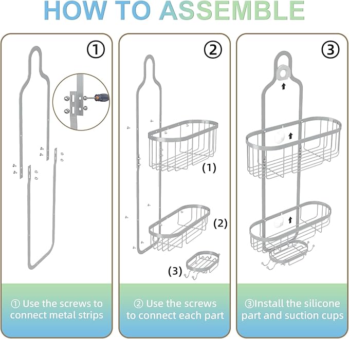Bathroom Hanging Shower Organizer, Over Head Shower Caddy Shower Storage Rack Basket with Hooks for Razor and Sponge Rustproof, Silver [Patented]
