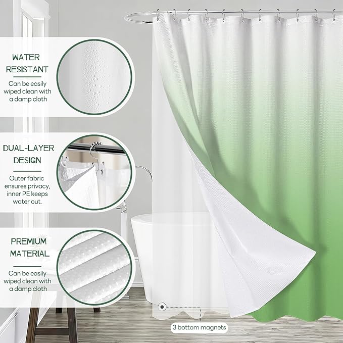 Green Bathroom Accessories Set with Shower Curtain and Liner, 7-Piece Bathroom Decor Set, Soap Dispenser, Toothbrush Holder, Soap Dish, Vanity Tray, Complete Bathroom Makeover Set