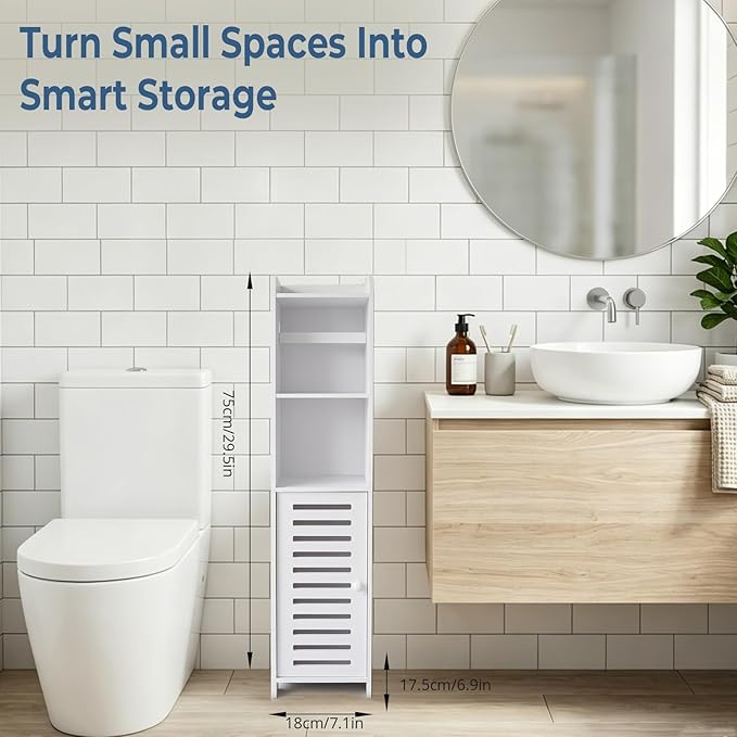 BorealBear Slim Bathroom Cabinet with Toilet Paper Holder Spindle, Fits Mega & Super Mega Rolls, Narrow Freestanding Floor Cabinet with Door and Shelves, Anti-Tip Wall Anchor Included