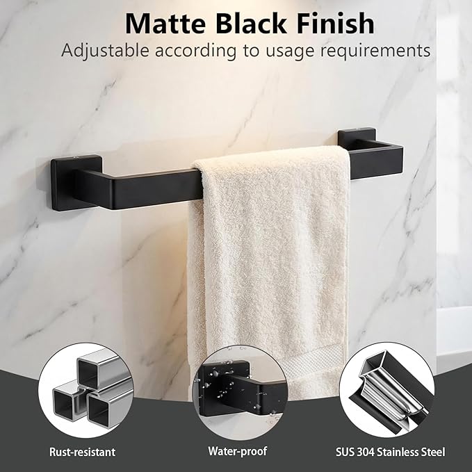 Tudoccy 5-Pieces Matte Black Bathroom Accessories Set, Bathroom Hardware Set SUS304 Stainless Steel Rustproof Wall Mounted - Includes 16" Hand Towel Bar, Toilet Paper Holder with Shelf, Towel Hooks