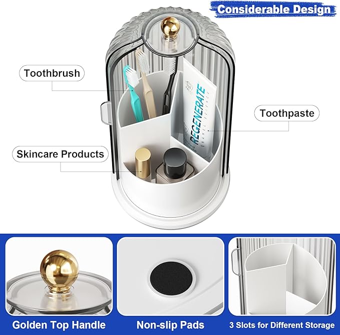 Dustproof Toothbrush Holders with Cover for Bathrooms, Rotating Covered Tooth Brush Holder for Bathroom Counter, Dust Proof Plastic Makeup Brush Holder Organizer with Sliding Lid for Vanity,Grey White