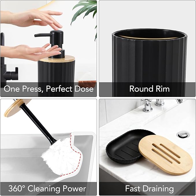 Bathroom Accessory Set, 10 Pieces Bath Set- Wicker Trash Can Tissue Box Soap Dish Toothbrush Holder Rinse Cup Lotion Bottle Toilet Brush Qtip Holder - Practical Bathroom Decor Sets (Ratten Black)