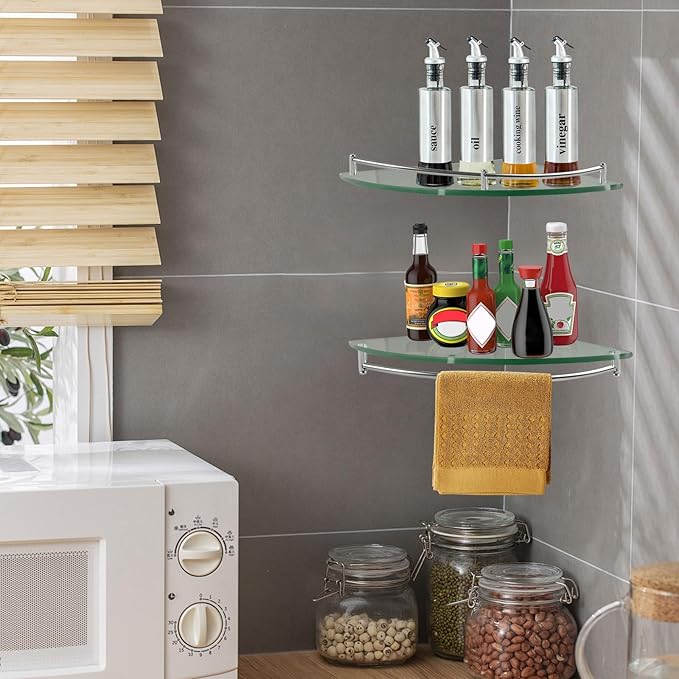 2 Pack Glass Corner Shelf, Corner Shower Shelf with Stainless Steel Rails, Tempered Glass Shower Caddy, Wall Mounted Glass Shelf for Bathroom Organization, 9.25x9.25x0.24 in, Silver