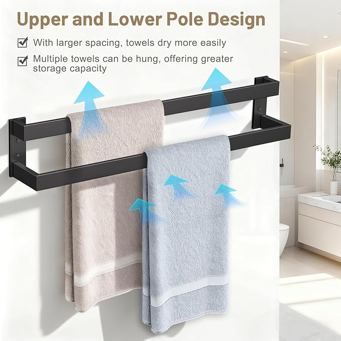 Double Towel Bar,Towel Holder for Bathroom Stainless Steel Towel Rack Wall-Mounted Bathroom Towel Bar 24-Inch Bathroom Hardware Accessories,Matte Black