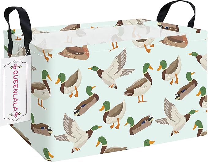QUEENLALA Rectangular Laundry Hamper/Foldable Nursery Laundry Basket for Organizing/Storage Bin Baskets/Children Toy Office Bedroom/Toy Bin Closet Shelf Baskets (Rec-Mallard Duck)