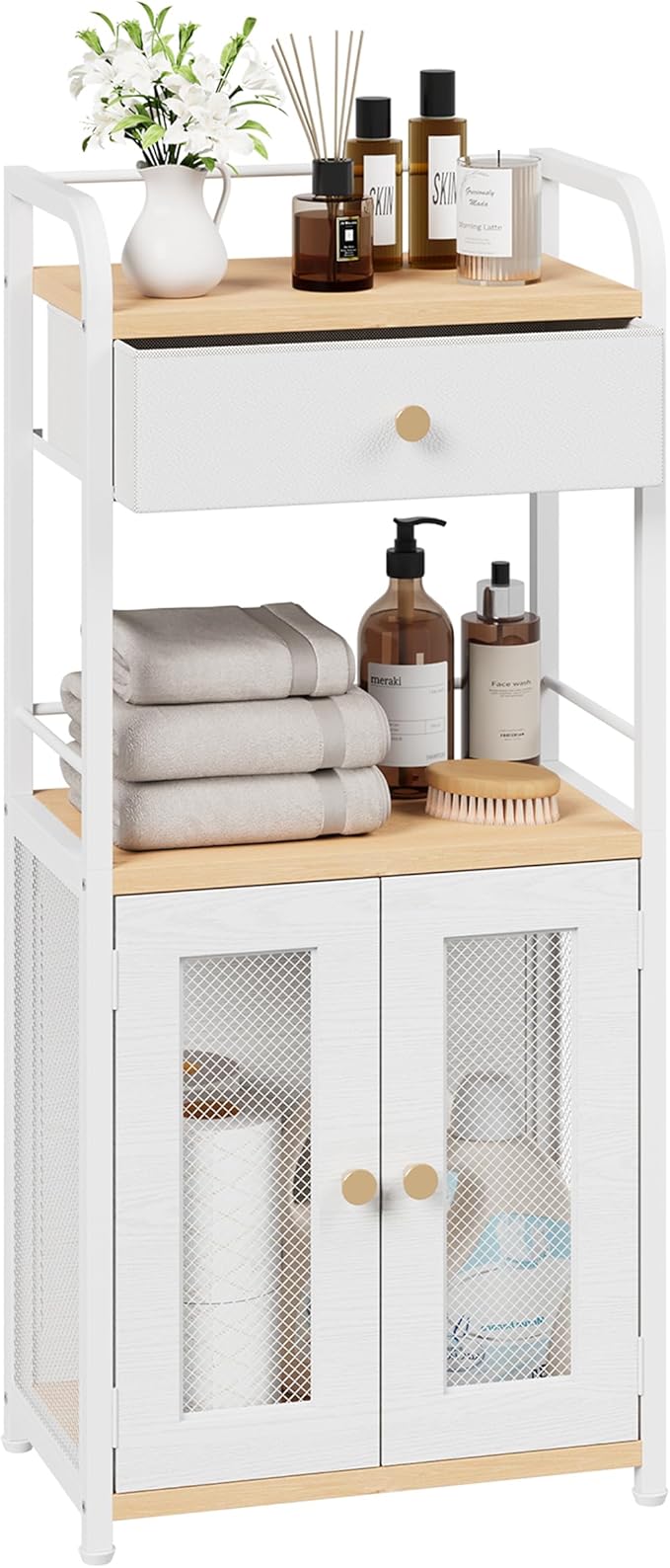 SWTYMIKI 14.57"x32.28" Bathroom Storage Cabinet – Freestanding Storage Cabinet with Doors and Drawer, Bathroom Organizers and Storage for Small Spaces – Ideal for Towels and Toiletries, Natural