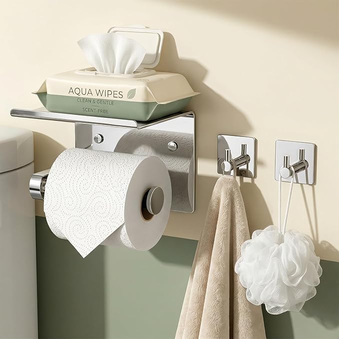 Tindbea Toilet Paper Holder with Phone Shelf + Towel Robe Hooks, Adhesive or Screw Wall Mounted Toilet Paper Roll Storage, Stainless Steel Bathroom Tissue Roll Holder (Polished Chrome)