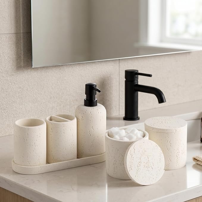 Bathroom Accessories Set, Travertine Stone-Look, 6 PCS Bathroom Accessory Set with Soap Dispenser, Toothbrush Holder, Tumbler, Vanity Tray, Cotton Swab Jars for Countertop (Off White 6 PCS)