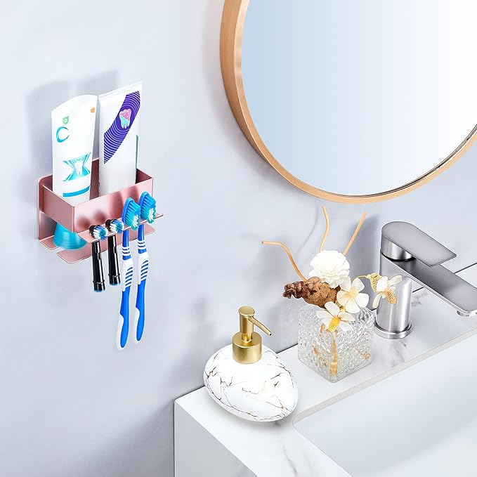 Toothbrush Head Holders, Electric Tooth Brush Head Holder, Adhesive Toothpaste Holder for Shower Bathrooms, Wall Mounted Tooth Brushing Holder Organizer Storage (Rose Gold, Small)