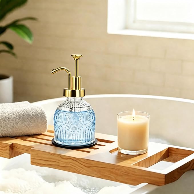 SheeChung Vintage Soap Dispenser, Kitchen Dish Soap Dispensers with Pump Mat, Glass Hand Soap Dispenser for Bathroom, Liquid, Lotion, Refillable, Rustic Farmhouse Decor-Clear (Gold Pump, 1 pk)