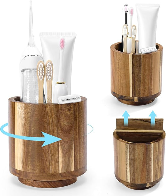 Toothbrush Holders for Bathrooms,Toothbrush Cup,Wooden Bathroom Cup with Rotation,Bathroom Counter Organizer with Vent Hole,Desk Organizer,For Electric Toothbrush,Toothpaste,Water Flosser,Razor