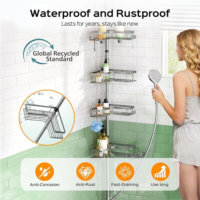 HAMITOR Shower Caddy Tension Pole: 4-Tier Corner Bathroom Organizer Shelf with Soap Holder & Hooks - No-Drill Adjustable Standing Storage Rack for Apartment Renters - 47-123 Inch Silver Gray