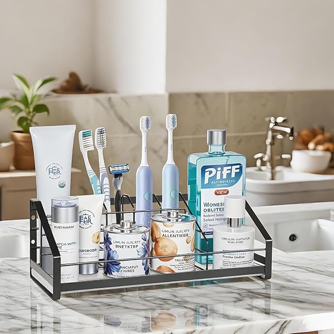 Toothbrush Holder with Instant Drying Diatomite Base – Bathroom Countertop Organizer for Electric Toothbrush, Toothpaste, Sink Accessories – Waterproof Steel Toothbrush Stand for Bathroom Vanity