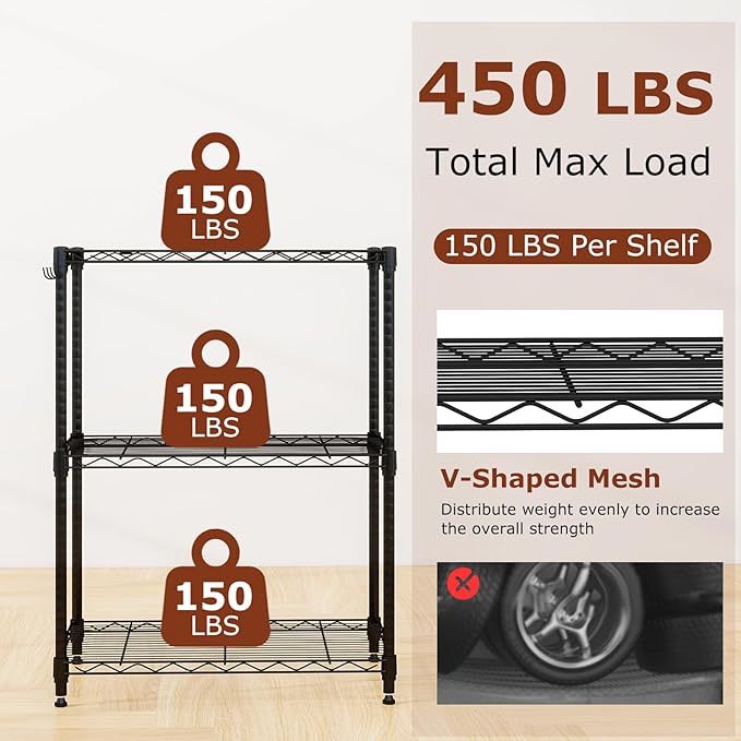 GOFLAME 3-Tier Metal Storage Shelving Unit, Heavy-Duty Adjustable Utility Shelf with V-Shaped Wire Rack, 450 LBS Storage Organizer for Home, Kitchen, Garage, Basement, 23.5”L x 13.5”W x 31”H