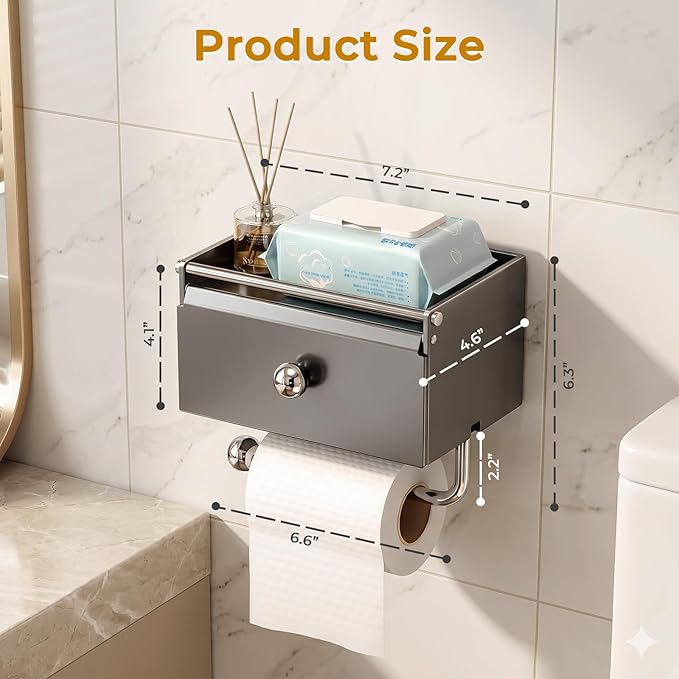 Toilet Paper Holder with Shelf,Wall Mount Toilet Paper Roll Holder,Self-Adhesive Tissue Towel Holders,Flushable Wipes Dispenser for Storage,Front Flip Design with Hanging Rod for Bathroom (Grey)