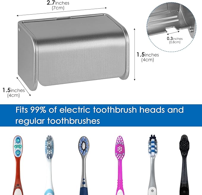 2 PCS Toothbrush Holder Wall Mounted with Cover for Bathroom, 2 Slots Toothbrush Storage Organizer for Shower, Self Adhesive Toothbrush Hanger Rack for Dorm, Cabinet (Brushed Silver)