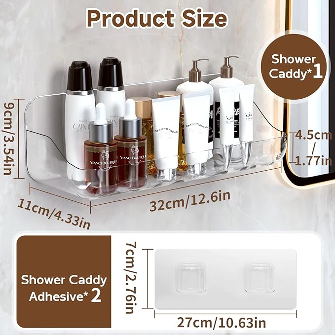 Acrylic Shower Shelves,Self Adhesive Bathroom Shelf No Drilling, Clear Shower Caddy with Adhesive Strips, Drain Holes, Wall Mounted Shower Organizer for Bathroom Storage, Large