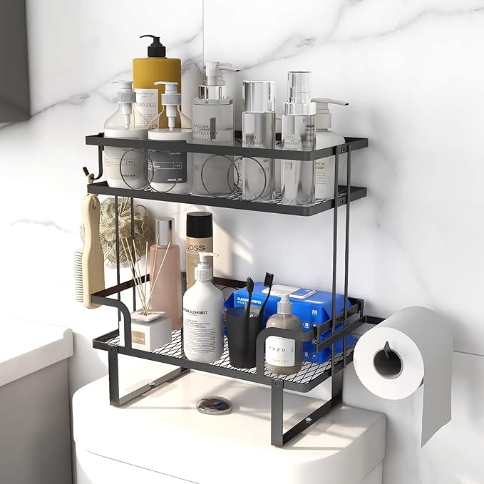 Over The Toilet Storage，Bathroom Shelves Over Toilet,2 Tier Above Toilet Storage with Hanging Hook & Toilet Paper Holder,Non-Trace Adhesive, No Drilling Toilet Organizer (Black)