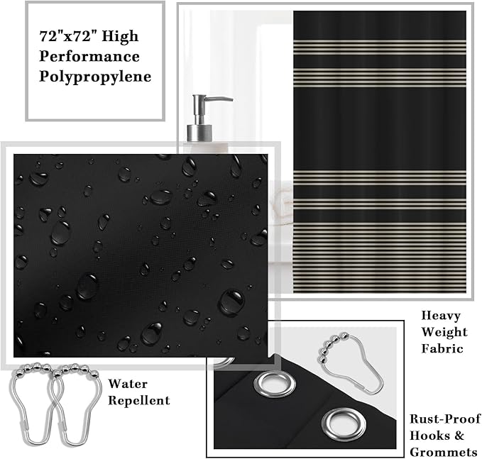 Bathroom Accessories Set - 19 PCS Black Bathroom Set with Shower Curtain, Trash Can, Toilet Brush Holder Toothbrush Holder & Dispenser - Modern Bamboo Plastic Complete Bath Decor for Apartment