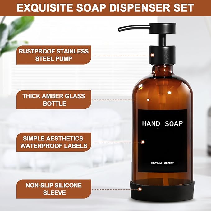 RYTOXILO Hand Soap Dispenser for Bathroom 2 Pack, Amber Glass Soap Dispenser with Stainless Steel Pump, 16.9 Fl oz Hand and Dish Soap Dispensers Set Kitchen, Modern Brown Soap Lotion Dispensers Bottle