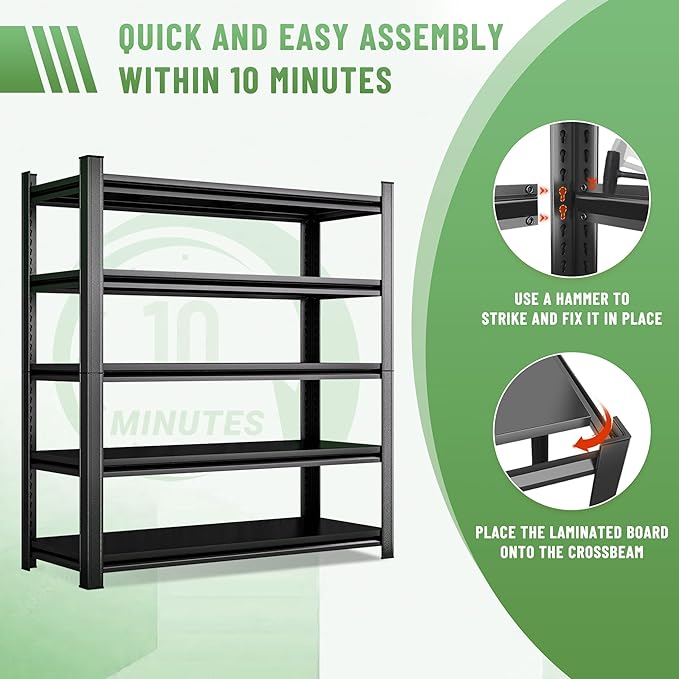 5-Tier Kitchen Shelf Organizer, Solid Metal Adjustable Storage Rack for Pots, Pans, Bottles & Pantry Goods, Space-Saving, Black (71" H x 39" W x 15.7" D)