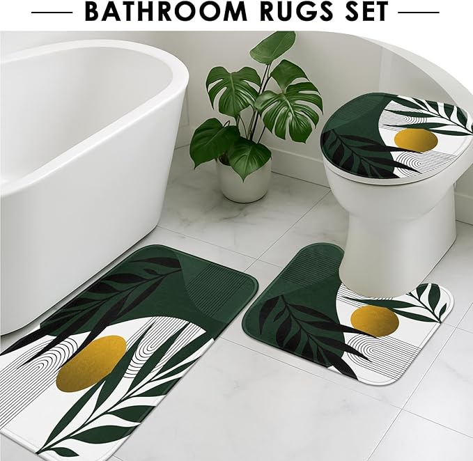 Boho Olive Green and Gold Shower Curtain Set with Toilet Lid Cover and Non-Slip Rugs, Mid Century Modern Abstract Minimalist Leaves Neutral 4 Pcs Shower Curtain for Bathroom Set with 12 Hooks