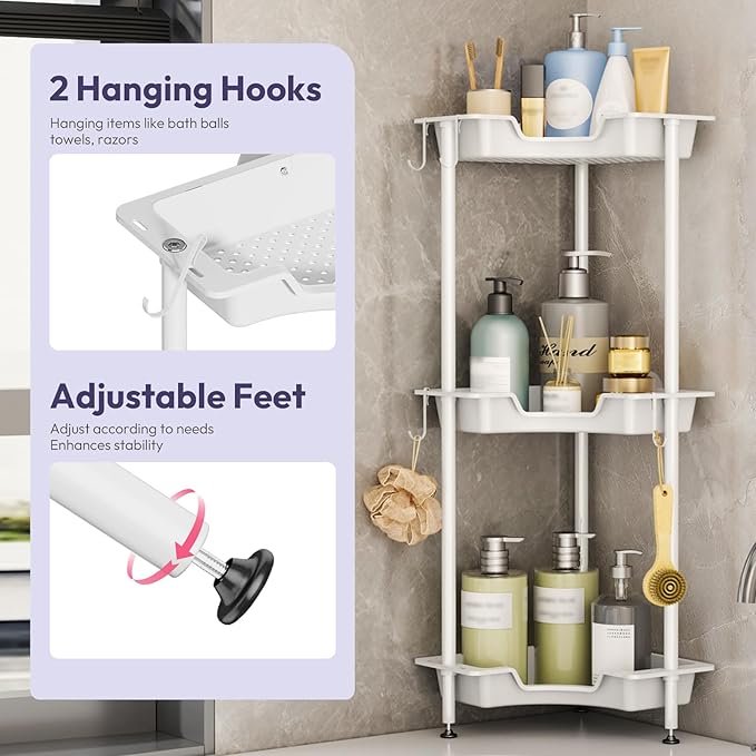 SWTYMIKI Corner Shower Caddy Standing - 3 Tier Floor Standing Shower Organizer with 4 Hooks, Plastic & Stainless Steel Waterproof Corner Stand Shower Shelf Storage Rack for Bathroom, Bathtub, White