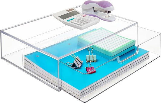 STORi STAX Plastic Stackable Organizer Drawer in Clear | 12.5-inches Wide | Organize Office Desk Accessories and Sort Letter-Size Paper | Made in USA