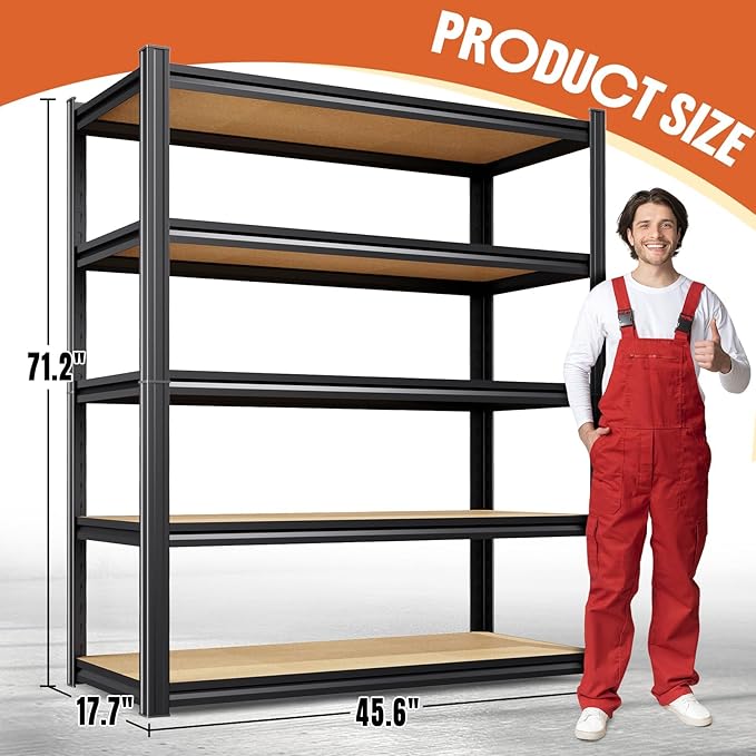 3-Pack 71.2"H Storage Shelves, 5 Tier Adjustable Wood Garage Shelving, Utility Tall Metal Shelving Unit, Easy to install Standing Garage Storage for Warehouse,Bedroom,Basement,45.6"WX17.7"DX71.2"H